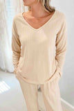 Tineit V Neck Ribbed Long Sleeve Two-Piece Set