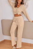 Tineit V Neck Ribbed Long Sleeve Two-Piece Set