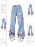 christmas outfit Tineit Women's Blue Butterfly Jeans Baggy Vintage Y2k Denim Trousers 2000s Harajuku Wide Leg Cowboy Pants Trashy 90s Aesthetic Clothes