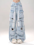 christmas outfit Tineit Women Blue Baggy Cargo Jeans Harajuku Ripped Denim Trousers Y2k Aesthetic Vintage Japanese 2000s Style Jean Pants Trashy Clothes