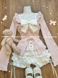 Tineit Sweet Fungus Long Sleeve Cardigan Tops+ Sexy Slim Fit Bow White Vest+ High Waist Ruched Lace Cake Skirts Three Piece Sets