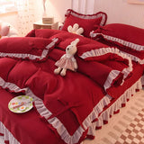 Tineit Green Bedding Sets Kawaii Seersucker Bed Sheet Pillowcase Fashion Girl Princess Duvet Cover 4 Pieces Cute Home Decoration