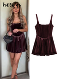 Tineit Sexy Velvet Mini Party Dress Women Burgundy Square Collar Sleeveless Backless Sling Dresses 2024 Autumn Lady Pleated Vestido New