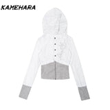 Tineit American Retro Patchwork Knitted Hooded Sweatshirt Jacket Autumn High-end Feeling Y2k Spicy Girl Slim Fit Short Jackets