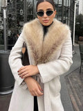 Tineit Women Faux Fur Patchwork Collar Woolen Belts Coat Button Up Pocket Casual Thicken Warm Outwear Female 2025 Winter Chic Jacket