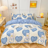 Tineit Cute Bear Bedding Set Girls Boys Kids Single Double Size Flat Sheet Duvet Cover Pillowcase Bed Linens White Blue Home Textile