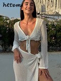 Tineit Sexy Knit Hollow Out Crop Vest Skirt Sets Women V-neck Long Sleeve Lace Up Vests Split Long Skirts 2024 Summer Lady Beach Outfit