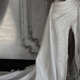 Tineit Customized White Beaded Side Slit Veil robes de soirée Strapless Satin Party Dresses Floor-Length Trailing Prom Dress-(PRE-ORDER)