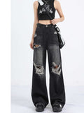 christmas outfit Tineit Women's Y2k Baggy Ripped Jeans Japanese 2000s Style Black Gothic Denim Trousers Harajuku Vintage Jean Pants Emo Trashy Clothes