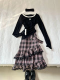 Tineit Harajuku Y2k Black Plaid Skirt Suit Women Casual Slim Tops + Ruffles Patchwork Fairy Midi Skirts Streetwear A-Line Cake Skirt