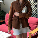 Tineit Vintage Women's Suede Suit Coat Fashion Lapel Long Sleeve Single Breasted Female Blazers 2024 Autumn Lady Street Brown Jackets