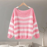 Tineit Striped Knitted Sweater Women O-neck Long Sleeve Contrast Color Loose Elegant Pullover Female 2025 Winter Casual Jumper Tops