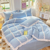 Tineit Kawaii Korean Bedding Sets No Filling Ins Princess Style Lace Bow Duvet Cover Fitted Sheet Girl Woman Home Bedroom Bed Linens