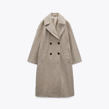 Tineit Casual Women Oversize Overcoat Double-Breasted Woolen Notched Office Ladies Coats 2025 Autumn Winter Solid Streetwear Jacket Top