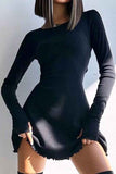 Tineit Crew Neck Back Strap Long Sleeve Mini Dress