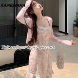 Tineit Japanese Y2k Sweet Spicy Small Satin Textured Floral Lace Camisole Dress Casual Slim Fit Cardigan Two-piece Sets Платье