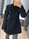 Tineit Elegant Double Breasted Blazer Coat Women Black Office Notched Loose Long Sleeve Suit Jacket Female 2025 Spring Shoulder Pad Top