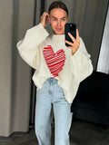 Tineit Oversize Heart Knitted Sweater Women O-neck Long Sleeve Casual Long Sleeve Pullover Female 2025 Autumn Long Sleeve Jumper Top