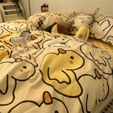 Tineit Ins Pink Cute Duck Cartoon Fruit Printed Bedding Set Soft Queen King Size Flat Bed Sheet Quilt Cover Pillowcase Kawaii