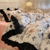 Tineit Ins French Style Girls Heart Lace Bedding Set Bubble Wash Cotton Quilt Cover With Pillowcases Bed Sheet Set 4pcs