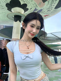 Tineit 2025 New Pure Color Causal Basic Blouse Woman Short Sleeve Slim Y2k Crop Tops Outfits Korean Style Sweet Lace Tees Chic