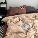 Tineit Ins Style Nordic Bedding Set No Filling Duvet Cover Pillowcase with Cute Eye Embroidered Solid Color Single Queen Size Bed Linen