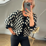 Tineit Plaid Lace Up Bow Female Cardigan Flare Sleeve O Neck Women Sweater 2025 Autumn Fashion Casual Loose Elegant Knit Lady Top