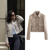 Tineit Ladies Elegant Solid Spring Autumn Jacket Women Short Casual Front Pockets Button Long Sleeve Woman Jacket Outerwear Coat Female