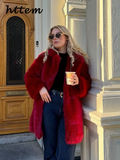 Tineit Street Women's Red Faux Fur Coats Loose Lapel Long Sleeves Female Fluffy Jacket 2024 Winter Lady Luxury Thicken Furry Overcoats