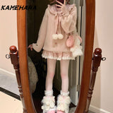 Tineit Autumn French Sweet Pink Collar Bubble Sleeve Knitted Cardigan Harajuku Style Versatile Short Skirt Y2k Two Piece Sets