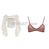 Tineit Woman 90s Aesthetic Fashion 3 Piece Set Spicy Girls Plaid Bra + White Print Long Sleeve Tops + Red Y2k Mini Skirt Korean Style