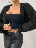 thanksgiving outfit Tineit Casual Plush Solid Short Cardigan Women Vintage Loose Fluffy Long Sleeve Open Coats Lady Autumn Soft Elegant Chic Street Outwear