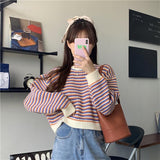 thanksgiving outfit Tineit Korean Striped Sweater Women Loose Lazy Fall Winter O-Neck Knitted Pullover Harajuku Sweet Pretty Style School Jumpers Tops