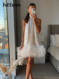 Tineit Sexy Sequins Feather Patchwork Mini Dress Women Elegant Off Shoulder High Collar Sleeveless Party Dresses 2024 Lady Evening Robe