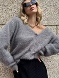 Tineit Mohair Furry Fashion Cardigan Women Single Breasted V-neck Loose Solid Long Sleeve Sweater 2025 Autumn New Chic Street Coat Top