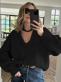 Tineit Knitted Solid Women Pullover V Neck Full Sleeve Loose Female Sweater 2025 Elegant Autumn Warm Winter Patchwork Lady Knitwear