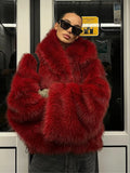 Tineit 2025 Red Chic Hooded Warm Faux Fur Women's Short Coat Fashion Thicken Loose Long Sleeve Fluffy Jackets Christmas Lady Streetwear