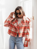 Tineit Plaid Short Woolen Jacket Women Double Breasted Turn-down Collar Casual Chic Long Sleeve Coats 2025 Autumn New Street Outwear