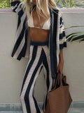 Tineit Casual Knit Stripe Pants Sets Women Loose Lapel Button Shirt Wide Leg Hollow Out Pant 2024 Summer Lady Fashion Beach Outfits New