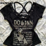 Tineit E-girl Gothic Grunge Top Millennium Y2K Punk Rock Black Letter T-shirt Top Striped Strap American Design Two Piece Set