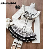 Tineit Cute Soft Girl Style Gray White Checkered Lace Patchwork Short Skirt Bow Waist Cinching Patchwork Top Autumn Y2k Sets