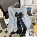 thanksgiving outfit Tineit Bow Sexy Backless Women Sweater Knitted Reversible Gray Loose Lazy Chic Pullover Simple Harajuku Sweet Student Jumpers