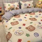 Tineit Cute Bear Bedding Set Cartoon Floral And Animal Duvet Cover Blue Flat Sheet Soft Polyester Kawaii Queen Full Size Bed Linen