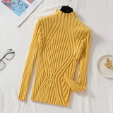 thanksgiving outfit Tineit Pit Stripe Knit Sweater Women Korean Fall Winter Fashion Slim Elegant Solid Half High Collar Long Sleeve Pullover Basic Chic Top