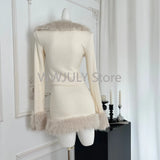 Tineit Fall Winter Women Old Money French Vintage Party Knit Outfits 2 Piece Set Long Sleeve Faux Fur Cardigan Top + Mini Skirts Luxury