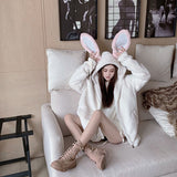 Tineit 2025 Autumn Winter Clothing Furry Jackets for Women Rabbit Ears Hooded Zipper Outwear Thicked Soft Warm Coats Korean Y2k Tops