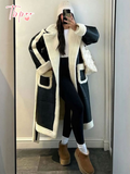 Tineit Women's Chic Contrast Spliced Lamb Wool Long Jackets Fashion Belted Thicken Warm Lapel Full Sleeved Coat Female Loose Streetwear