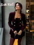 Tineit 2025 New Burgundy Women's Elegant Velvet Mini Skirt Set Chic Square Neck Metal Buttons Slim Tops Suit Lady Fashion Formal Outfit