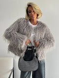 Tineit Solid Faux Fur Coats Women Luxury Single Breasted O-neck Long Sleeve Short Jackets Furry Winter Lady Office Thicken Lady Outwear