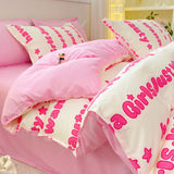 Tineit Princess Style Bedding Set Girls Twin Queen Full Size Duvet Cover Set Bed Flat Sheet Pillowcase Kids Adult Pink Letter Bed Linen